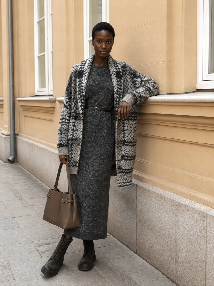 Brunello cucinelli checked coat charcoal knit dress
