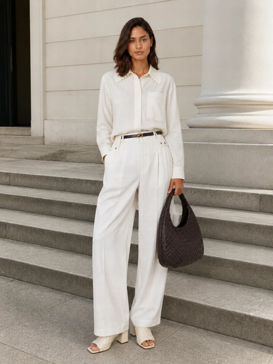 Bottega veneta ivory shirt wide leg trousers outfit