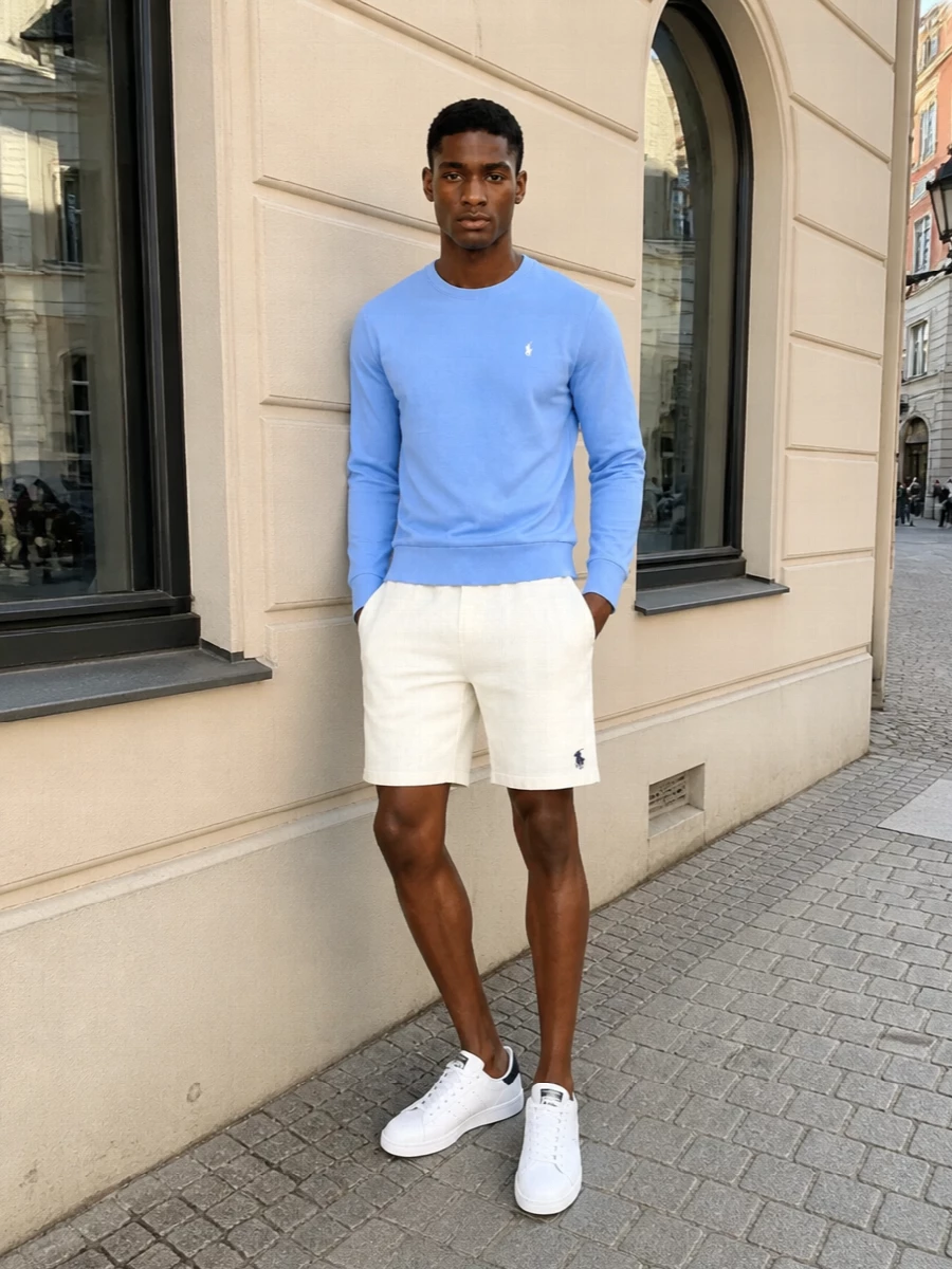 Soft sky blue with clean ivory sets a calm, campus-ready tone, relaxed but still considered. The fleece textures and neat proportions keep it polished enough for brunch, travel or city errands. Crisp white court sneakers ground everything so the colour does the talking without feeling loud.