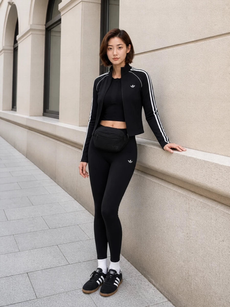 I’m building this around the track jacket as the anchor, so we stay in a sharp, studio-to-street lane rather than competing with a dress silhouette. The cropped Y-3 tank and high-waisted Adidas leggings give a clean, body-conscious base that lets the jacket’s seaming and stripes do the work, finished with retro-leaning Adidas sneakers and a stealth Y-3 belt bag for a graphic yet grown-up take on monochrome athleisure.