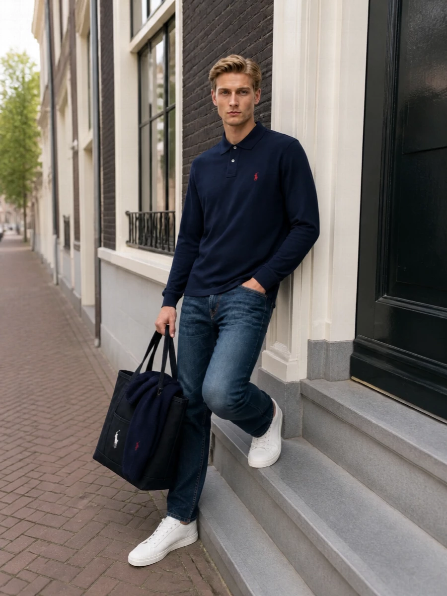Polo ralph lauren navy polo dark jeans autry sneakers