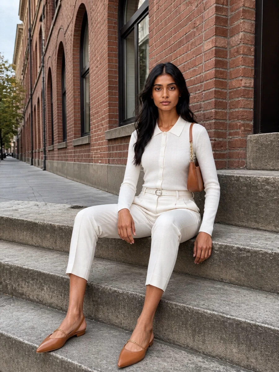 Michael kors ivory trouser outfit tan accessories
