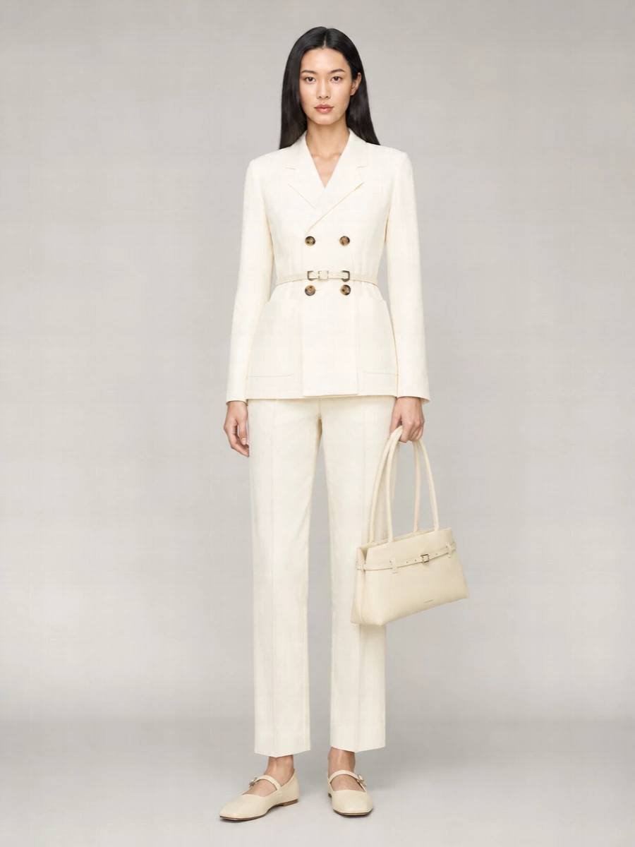 A softly sculpted cream suit set around the straight-leg trouser feels calm, refined and distinctly modern. The tonal belt, ballerinas and buttercream bag keep the eye moving in one uninterrupted line. Quietly confident, it is as right for a client lunch as for a late dinner reservation when you want polish without sharp contrast.
