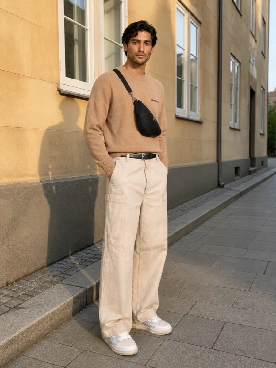 High-waist wide-leg cargos in light beige meet a camel knit on top, creating a soft, tonal stack that feels relaxed but deliberate. Pale Amiri sneakers keep the line clean at the floor, and a slim black Prada belt with a sculpted crossbody sharpens everything just enough for city days without breaking the minimalist streetwear mood. The result is volume that reads calm and architectural rather than oversized for the sake of it.