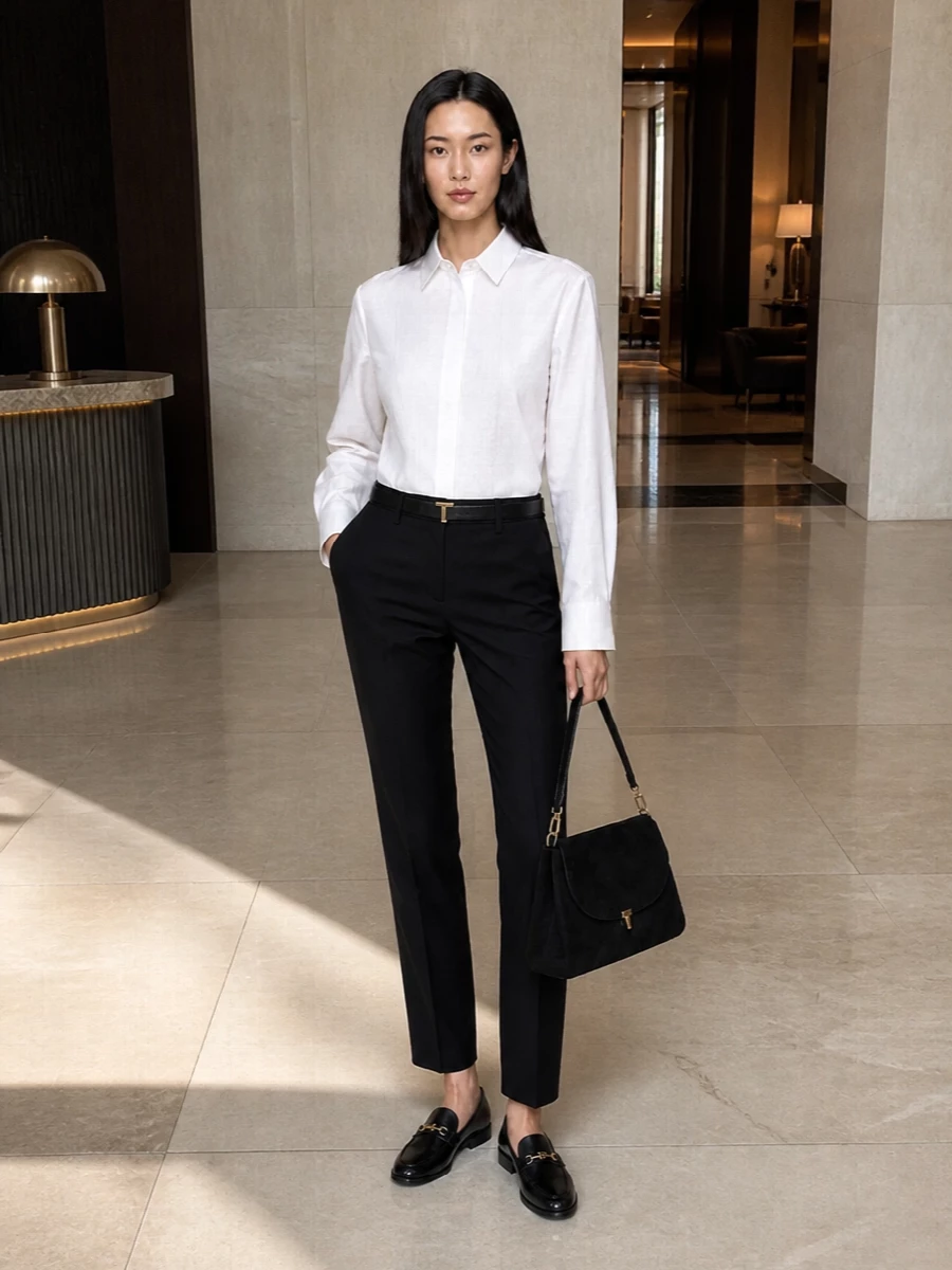 A crisp longline white shirt against sharp black tailoring creates a clean, graphic base that feels precise without stiffness. Black horsebit loafers and a structured suede shoulder bag keep the mood firmly in the city, with a slim gold-detailed belt adding just enough definition at the waist. It is a quietly powerful uniform for office days that slide straight into dinner reservations.