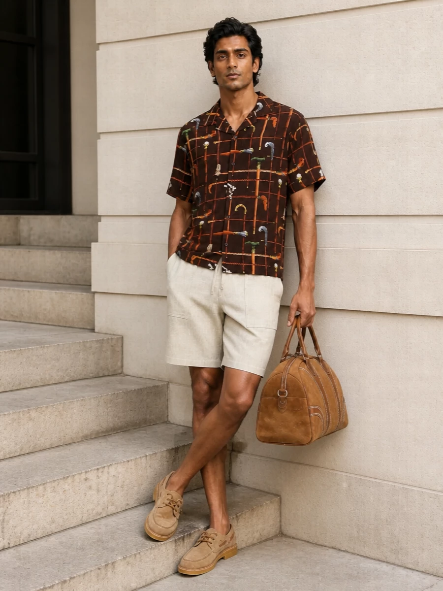 Drole de monsieur camp shirt beige shorts loafers