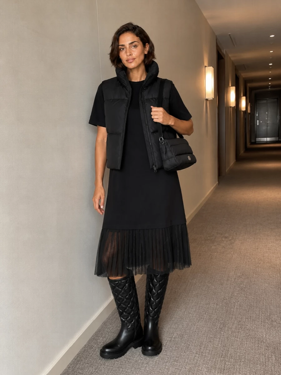 Canada goose vest moncler black midi dress outfit