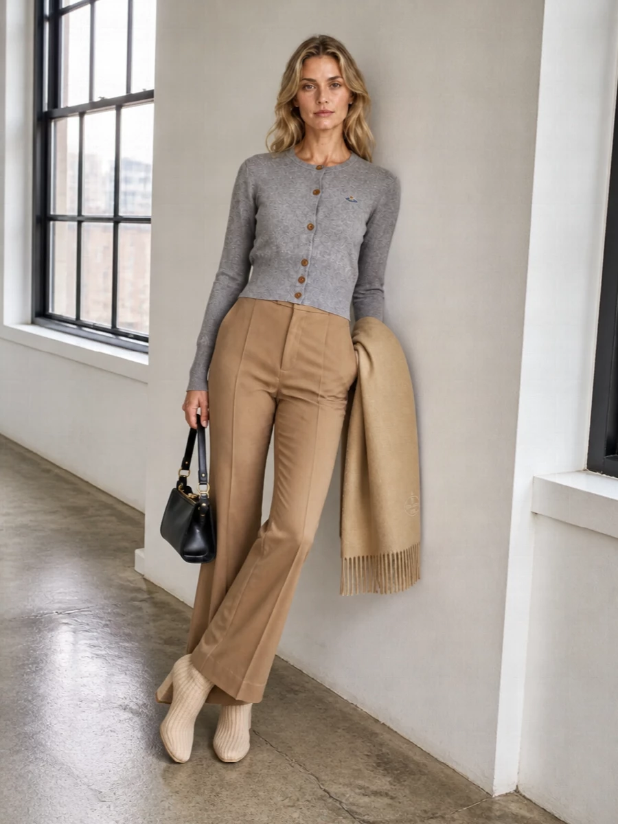 Vivienne Westwood’s cinched grey cardigan is grounded with camel flared tailoring for a long, clean line that reads modern and quietly assured. Beige knit boots and a structured black frame bag keep the palette hushed while adding depth through texture and subtle hardware. A soft camel scarf finishes it with understated warmth and a hint of heritage contrast.