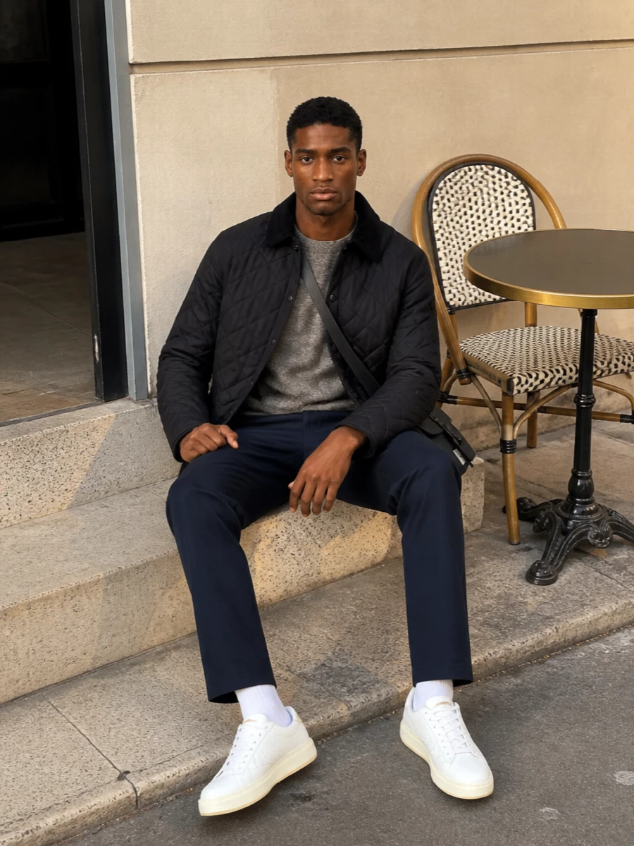 Barbour quilted jacket navy trousers sneakers