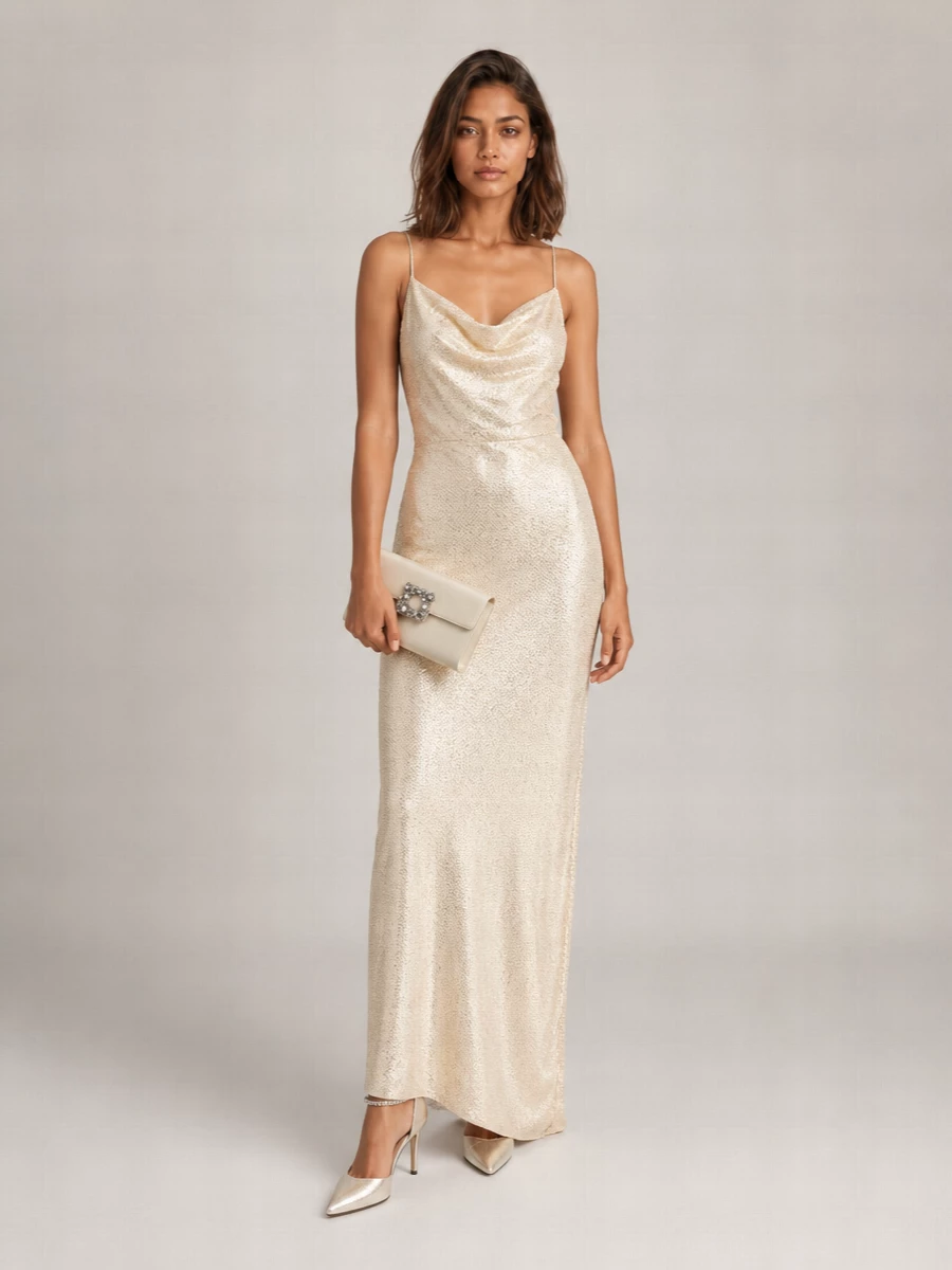 A liquid-champagne Coperni slip grazing the floor lets the Jimmy Choo crystal-strap stilettos feel like the final, sparkling brushstroke. The soft monochrome gold palette keeps the effect romantic rather than loud, ideal for formal evenings where you want drama from movement and light. I chose the dress route here because a single, elongated column reads more cinematic and harmonious with the shoes’ red-carpet energy than breaking the line with a separate top and mini.