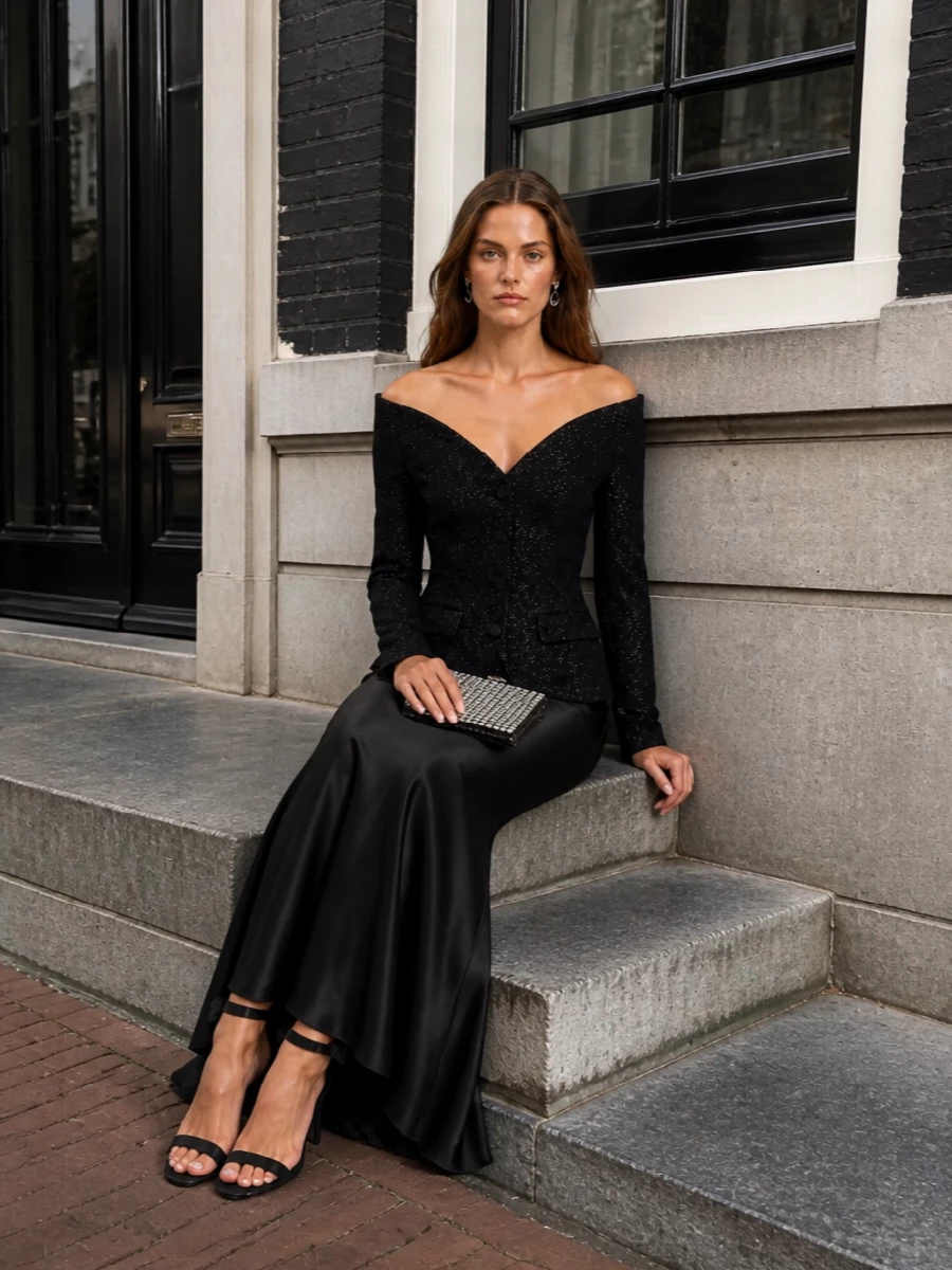 Self portrait black off shoulder gown evening