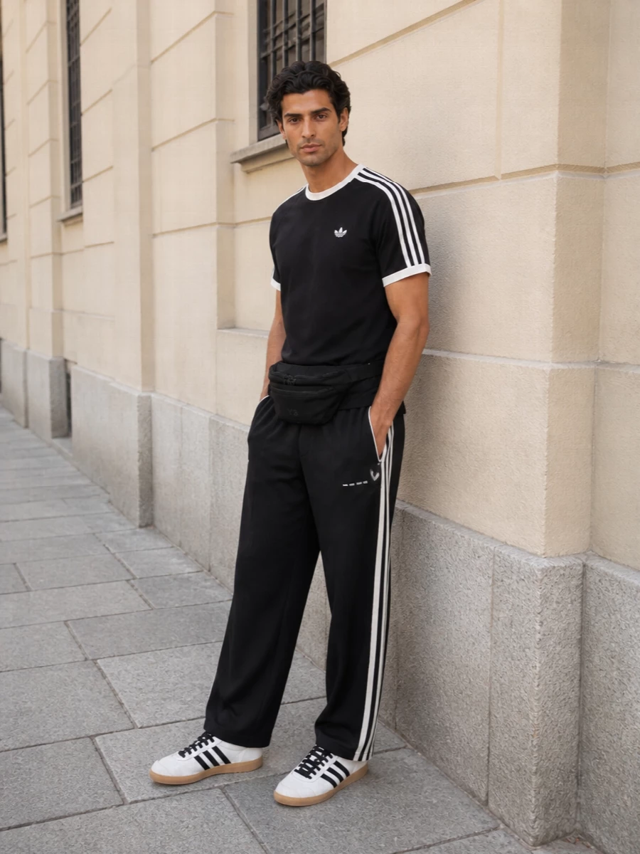 A monochrome Adidas base keeps everything sharp and graphic, with the black 3-Stripes shorts and matching tee reading as a considered set instead of gym kit. White gum-sole sneakers break up the black and nod to terrace heritage, while the Y-3 accessories bring a discreet, technical polish that still feels unapologetically streetwear. It is built for city movement, from training days to off-duty afternoons, without ever feeling over-styled.