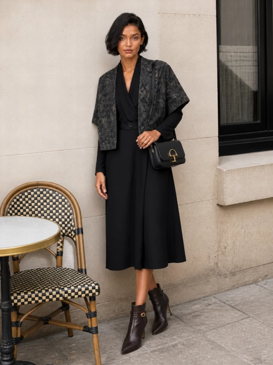 Giorgio armani wrap coat black midi dress outfit