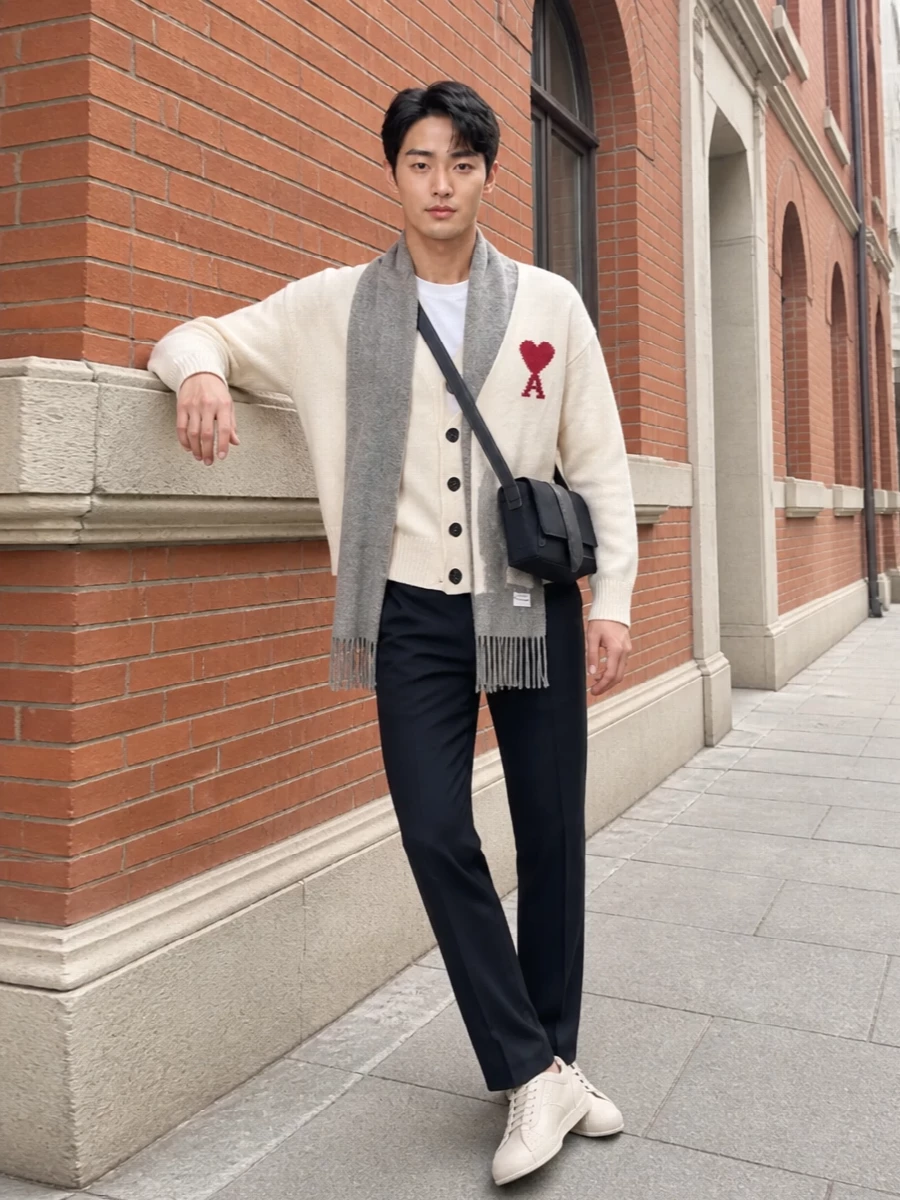 Ami’s cream cardigan is paired with deep navy tailoring for a clean, quietly confident take on smart casual. Cream leather sneakers keep the line relaxed, while the navy crossbody and soft grey scarf add just enough structure and texture for city days and dinners.