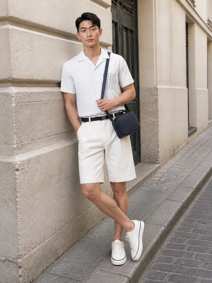 Jacquemus striped shirt tailored shorts outfit