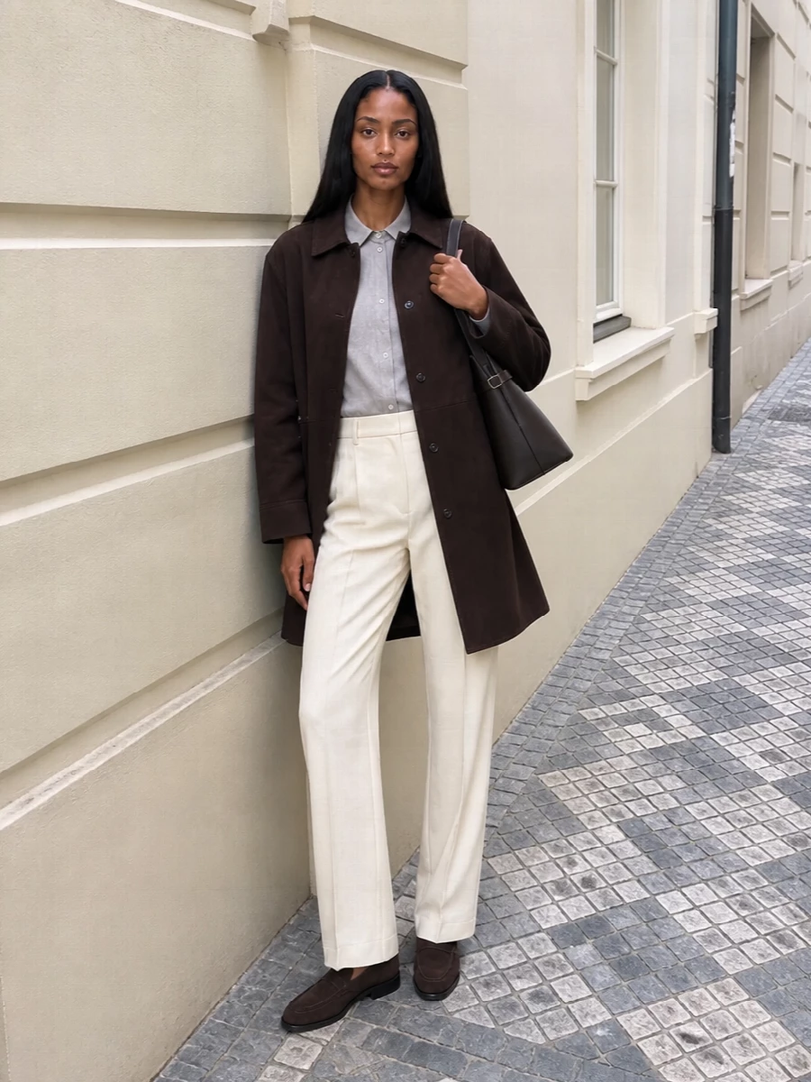 I’m building around the Totême shirt-coat with tailored separates rather than a dress, so its relaxed, longline shape reads as outerwear rather than competing with another one-piece. The stone-grey shirt, buttercream high-rise trouser and chocolate suede loafers create a calm, elongated column in soft neutrals that let the dark brown coat stay the anchor. An espresso structured shoulder bag finishes it with quiet precision, suitable for city days that move into dinner without a change.