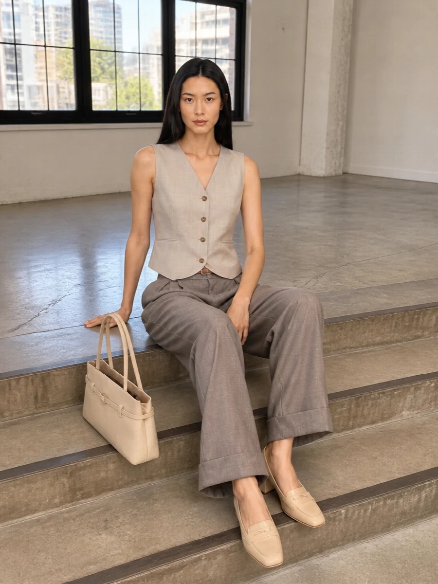 Loulou studio taupe trousers beige waistcoat outfit