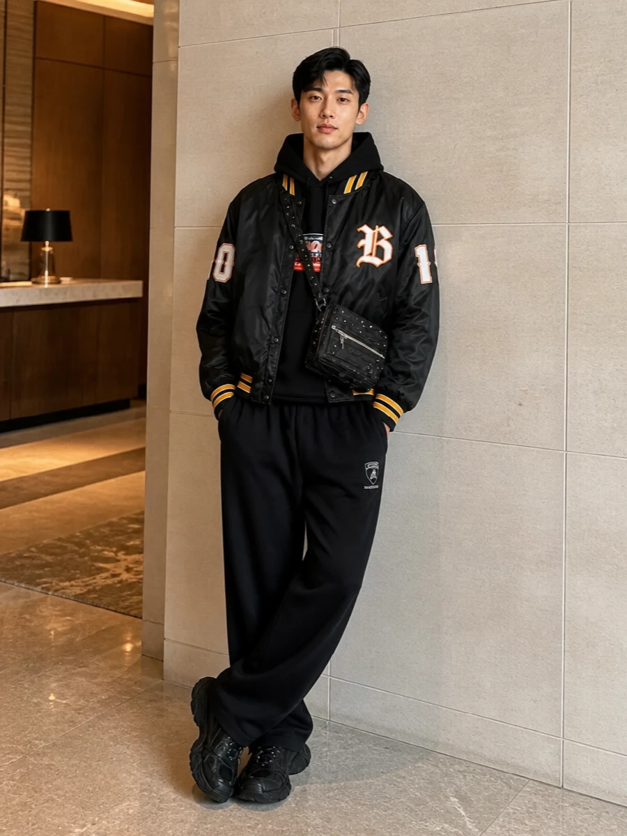 Balenciaga varsity jacket wide leg pants outfit