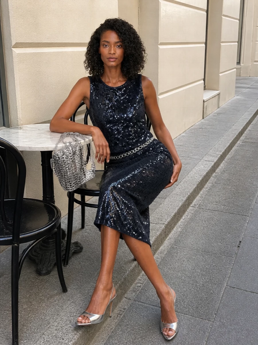 Parosh sequin tank skirt silver heels
