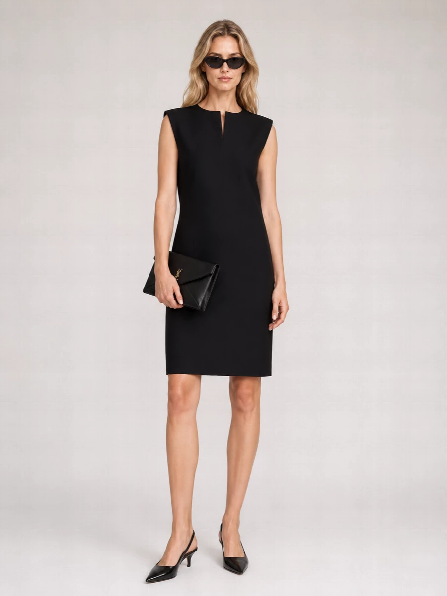 I’m choosing the dress route here to keep the Celine cat-eye framed by one strong, sculpted line rather than breaking it up with separates. The Balenciaga shift, Gucci slingback and Saint Laurent clutch work together as a restrained, monochrome evening ensemble where every element is sharp, minimal and quietly expensive. It is the kind of pared-back black that relies on cut and proportion, letting the sunglasses feel like the final, cinematic punctuation mark.
