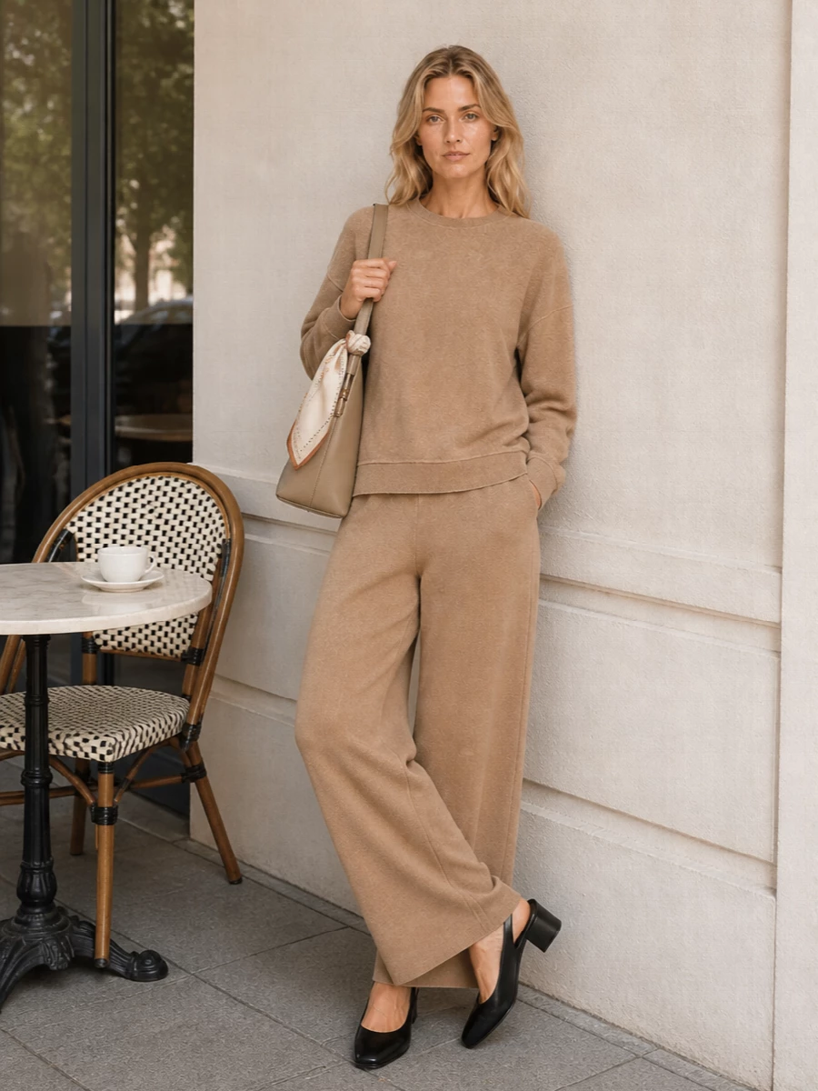 Max mara camel knit wide leg trouser outfit