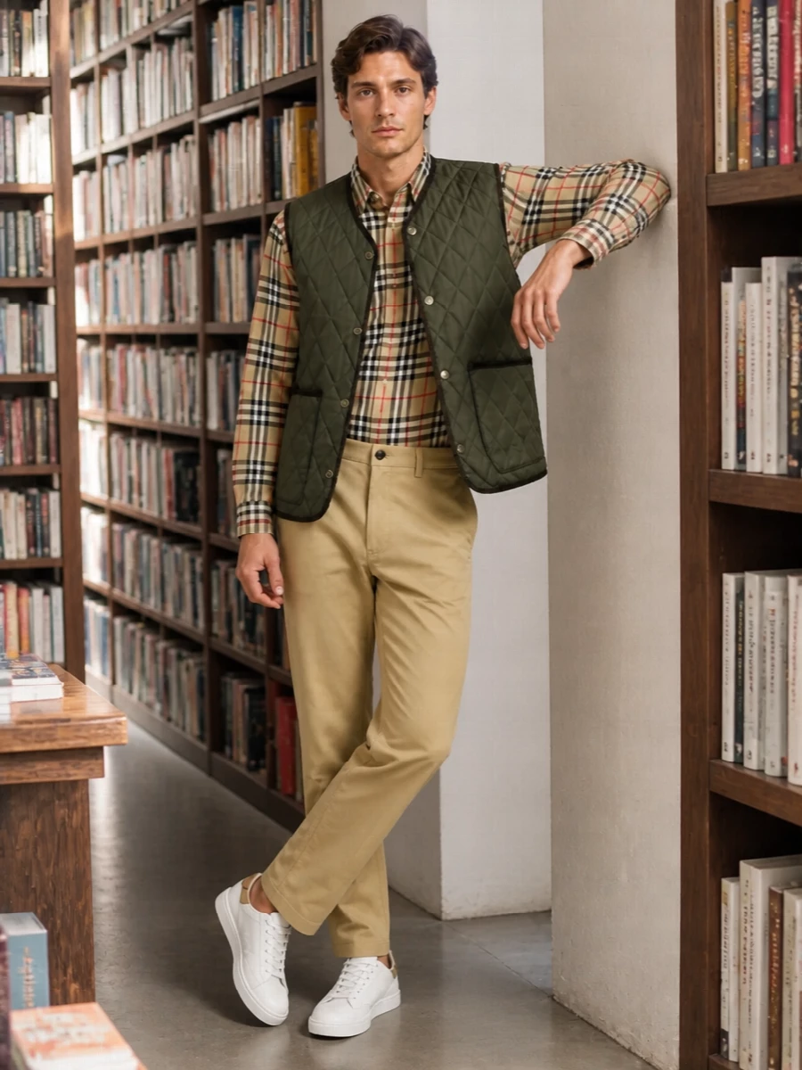 Burberry quilted gilet camel check shirt outfit