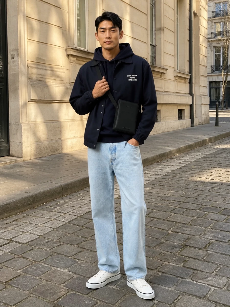 Drôle De Monsieur’s navy coach jacket sits over the matching navy logo hoodie and pale 90s straight denim for a clean, graphic street uniform. Off-white Jacquemus canvas sneakers and a slim black crossbody keep the mood light and precise, grounding the navy story without breaking its minimalist attitude.