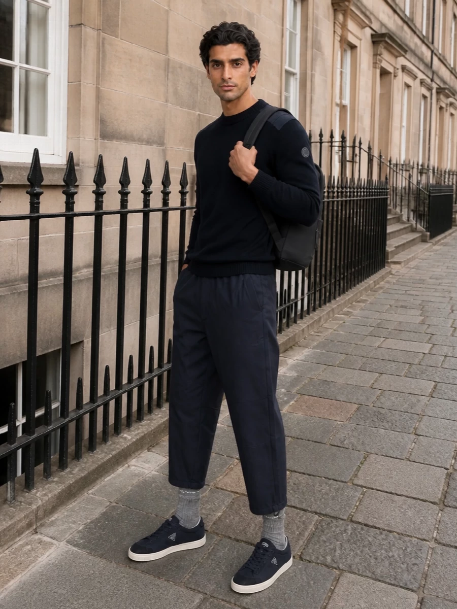 Moncler navy trouser grenoble knit prada sneakers