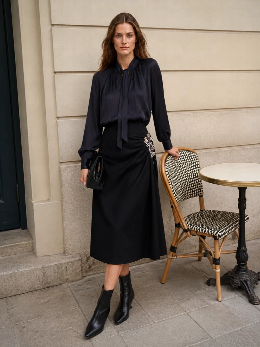 Dries van noten evening blouse black crystal midi skirt