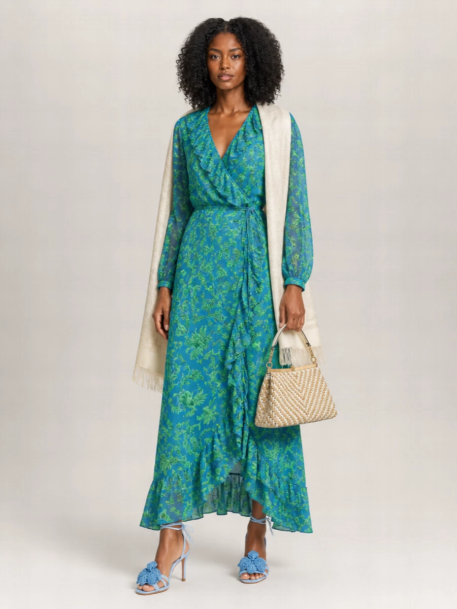 Etro Silk Floral-Print Ruffled V-Neck Long-Sleeve Wrap Maxi Dress