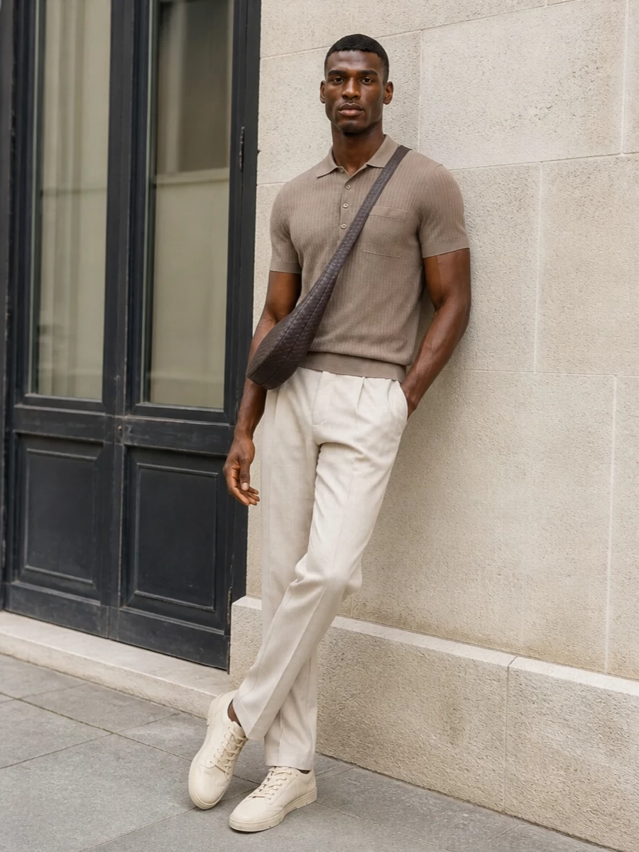 The taupe Brunello knit polo is paired with light stone pleated trousers for a softly tailored, tonal summer look that feels impeccably relaxed. Sand suede low-top sneakers keep the line clean and modern, while the dark espresso woven crossbody introduces a subtle point of contrast and craft without breaking the understated palette.