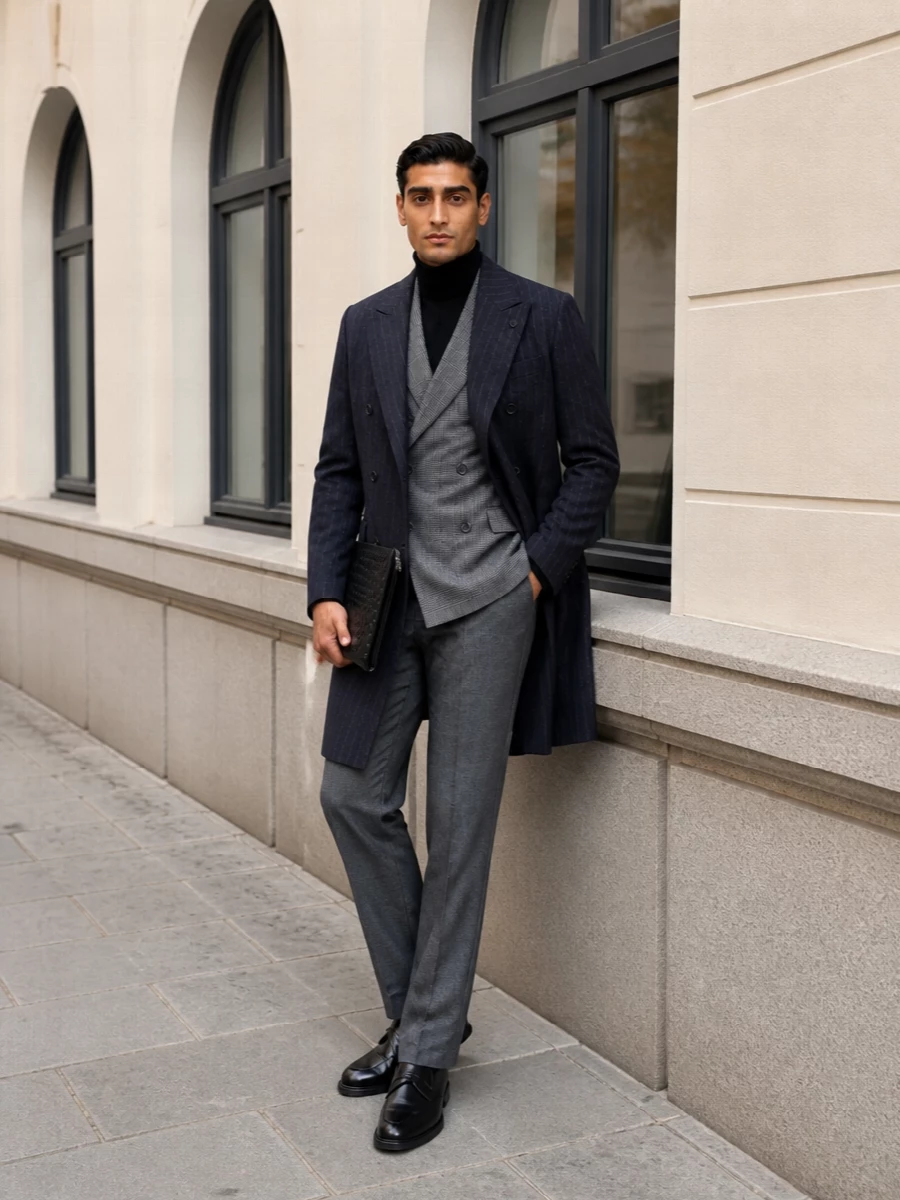 Lardini pinstripe coat grey tailoring tods loafers
