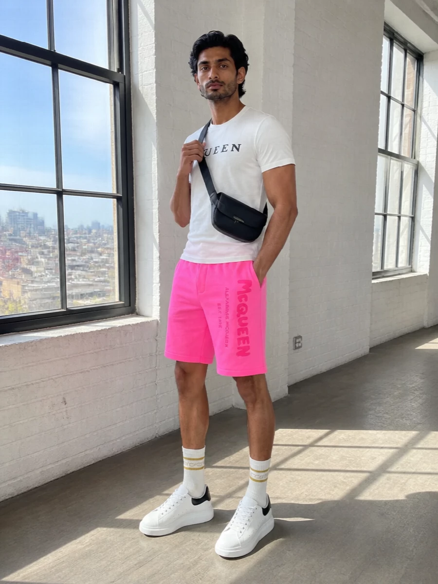 Alexander mcqueen neon pink shorts white tee