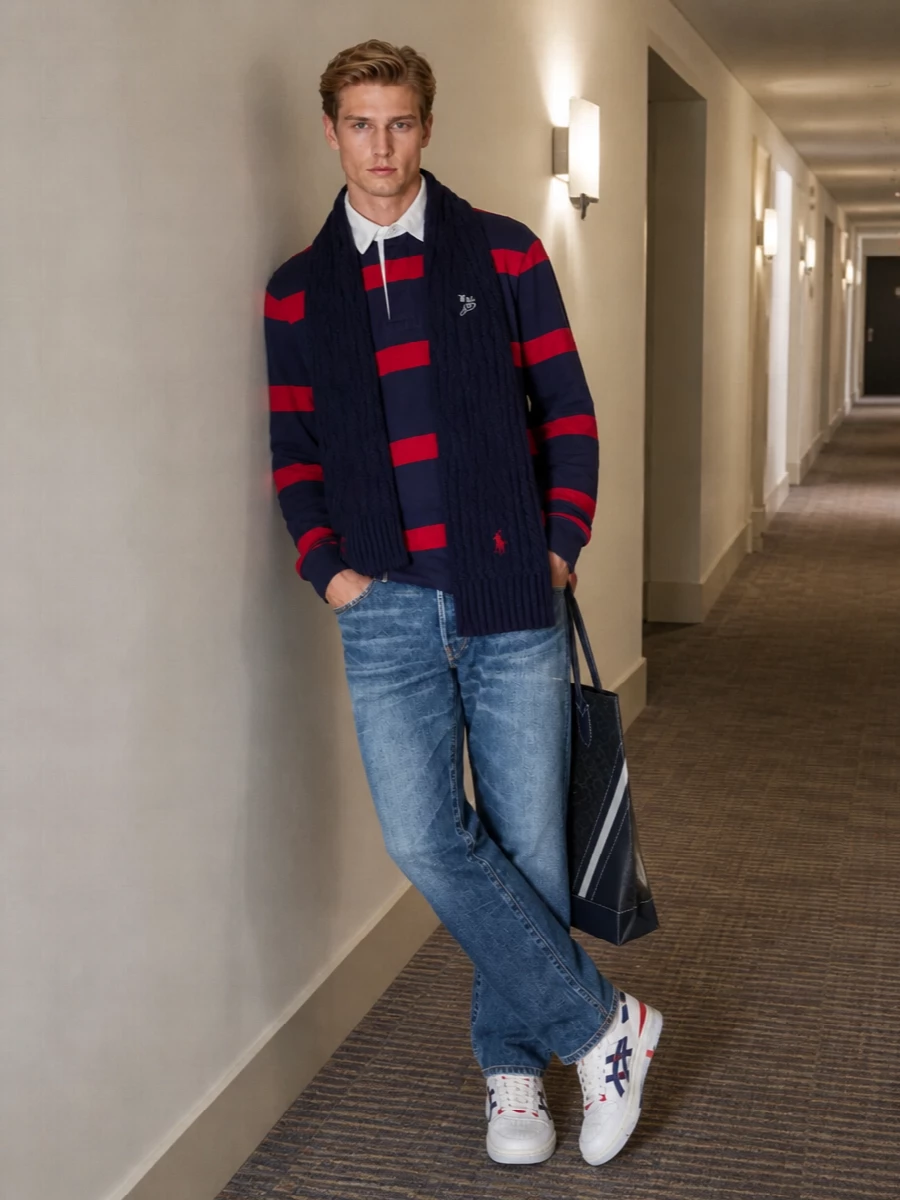Preppy sport energy, built around a bold striped rugby, meets easy straight-leg indigo denim for a classic campus-meets-city feel. White leather court sneakers pick up the navy and red accents for a clean, athletic finish. A structured navy tote and simple cable-knit scarf keep it practical for cold off-duty days while staying firmly in that polished, heritage lane.