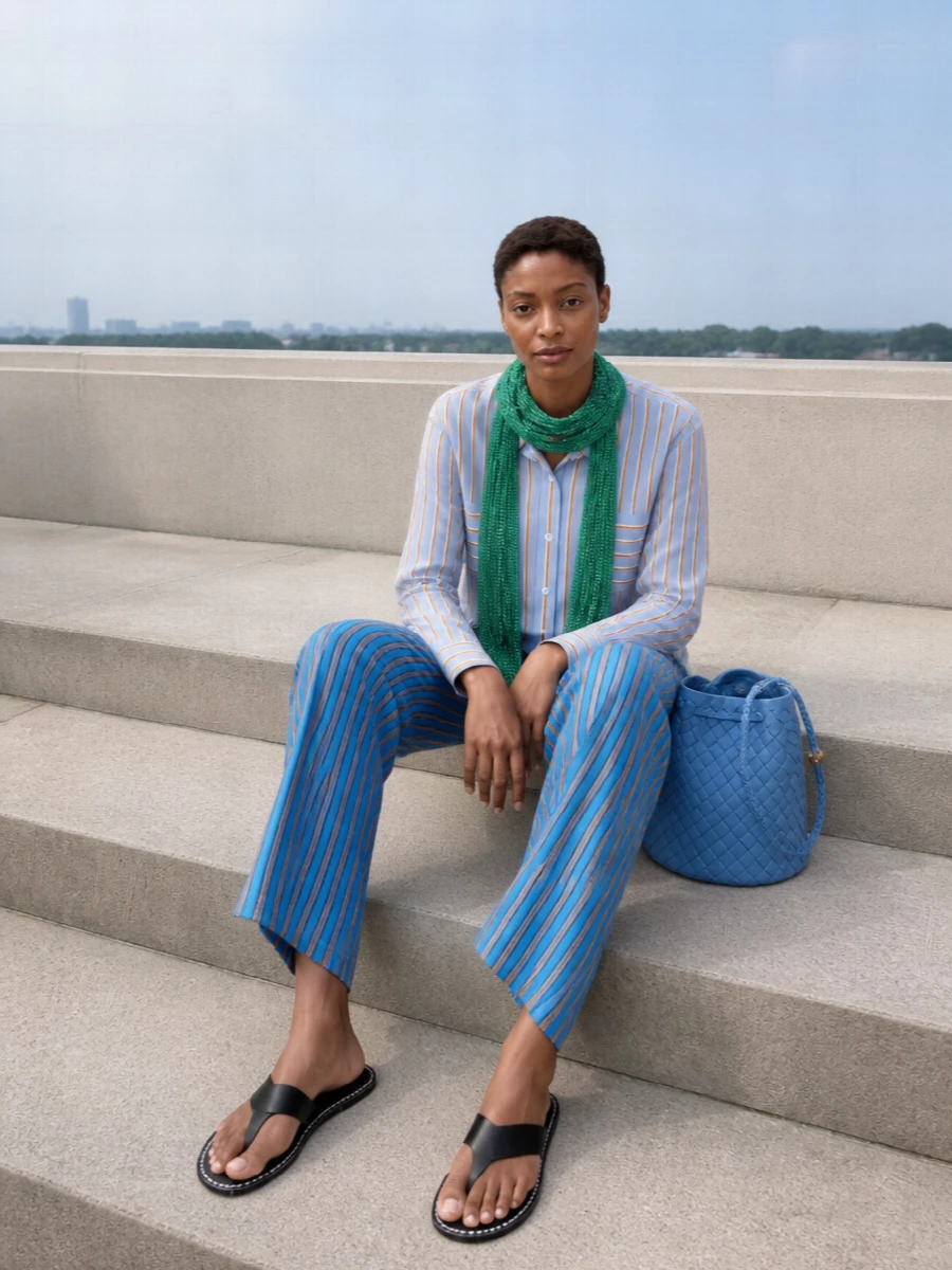 Dries striped pyjama set with slides bottega bag