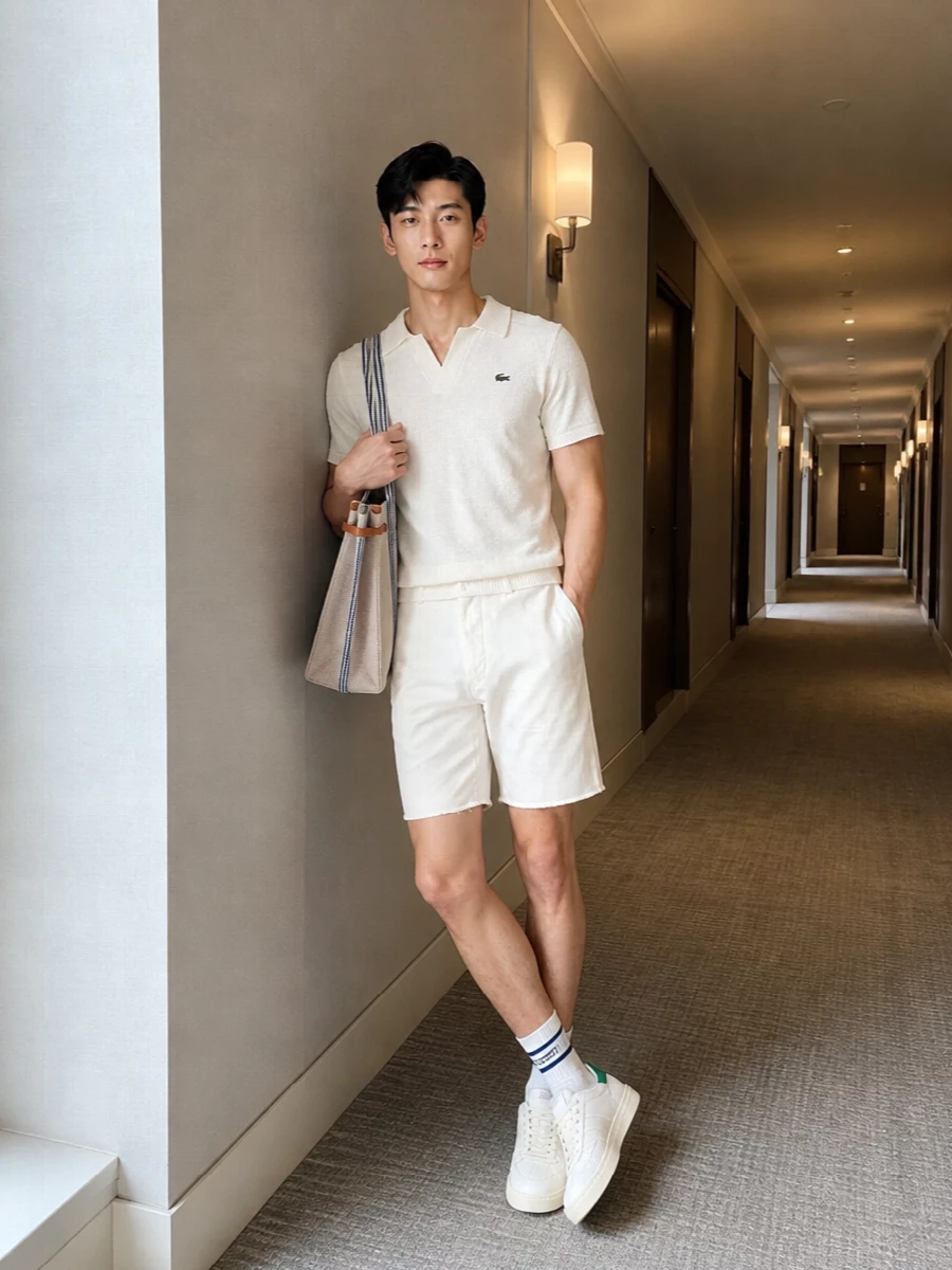 An off-white terry polo with matching chino shorts creates a clean, tonal base that feels easy but considered for warm days. Green-accented court sneakers and the striped canvas tote tie in subtle color, keeping everything in a polished sport-preppy lane. The result is light, tactile and relaxed, ideal for city afternoons that might drift toward the waterfront.