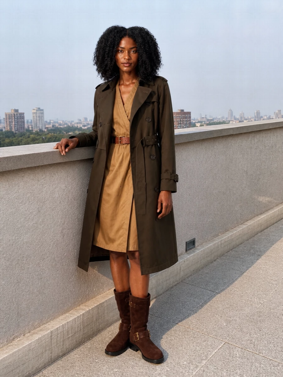 This is a tonal camel and chocolate take on modern utility tailoring, with the Burberry trench framing a Saint Laurent wrap dress so the belt details read as one considered line. Mid-calf suede boots and a structured Mulberry tote keep the mood grounded and quietly authoritative, ideal for long city days that move straight into dinner. Opting for the dress route rather than a full suit keeps the silhouette clean and functional under the trench, without competing lapels or excess structure.