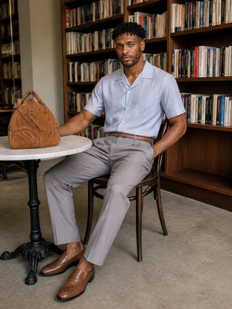 A pale blue striped camp-collar shirt sits over soft grey pleated trousers for a crisp, quietly polished summer take on tailoring. Chestnut loafers and a tan leather-sueded satchel warm up the palette, keeping the mood intelligent and relaxed rather than strictly formal. A slim camel suede belt finishes the line with subtle texture and cohesion across the neutrals and soft blues.