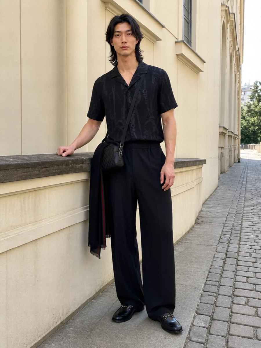 Gucci black camp shirt wide leg trousers outfit
