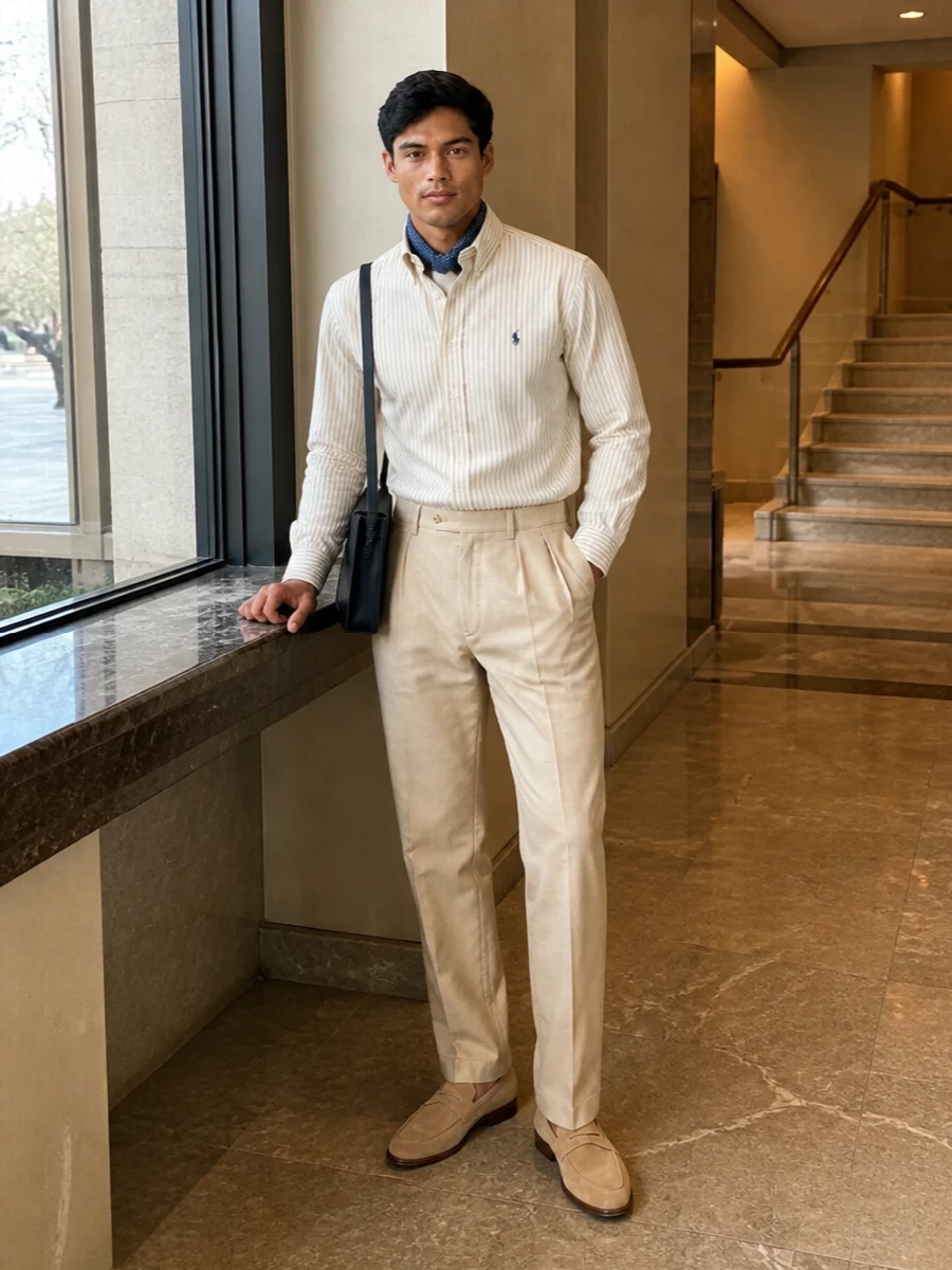 Tailored yet relaxed, this pairing leans into soft sand and khaki tones grounded by subtle navy accents for a quietly polished warm-weather outfit. Pleated chinos and suede loafers keep the silhouette classic and refined, while the compact crossbody and silk square add just enough structure and personality for terrace lunches or smart casual city days.