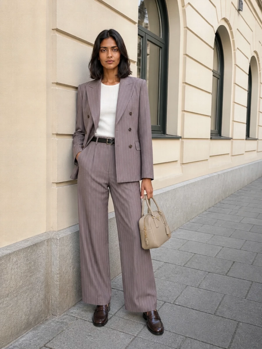 Dries Van Noten’s mauve-taupe pinstripe blazer and matching wide-leg trouser read as a modern, softly colored power suit, cut with enough structure to feel authoritative but never harsh. Burnished espresso loafers keep the energy grounded and quietly confident, while a structured warm-beige Prada top-handle and a slim black belt add clean definition and polish for long, city days that run straight into dinner.