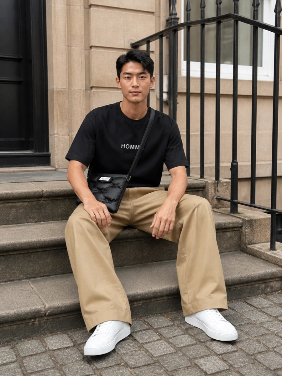 A relaxed HOMME tee meets architecturally wide tan chinos for a calm, off-duty uniform that still feels considered. Optic white sneakers and a padded black crossbody keep the palette tight and graphic, while a slim Margiela-family belt quietly sharpens the line. Minimalist, street-led and easy to wear from studio to city all season.