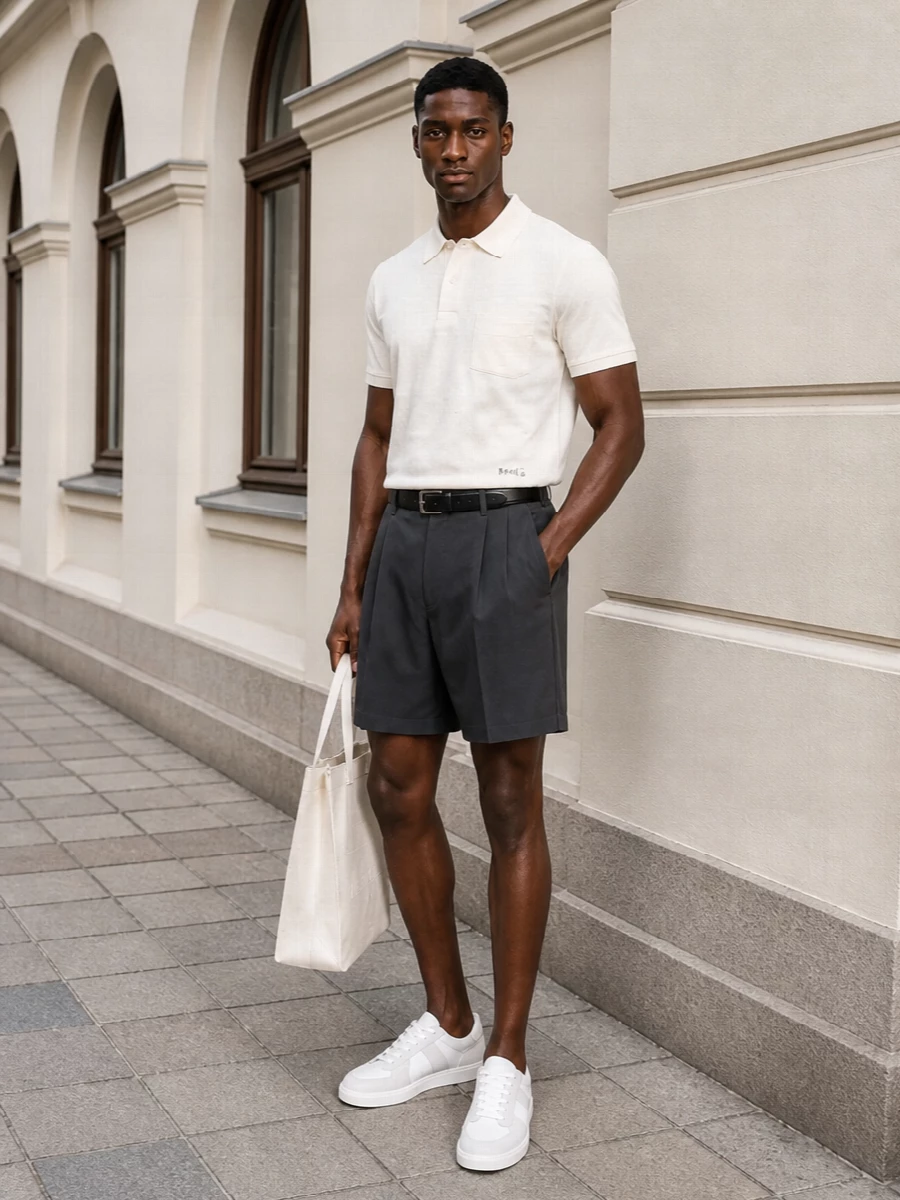 Maison margiela ivory polo charcoal tailored shorts
