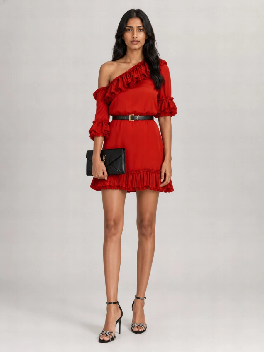 Saint Laurent Silk One-Shoulder Short-Sleeve Pleated Asymmetric Mini Dress