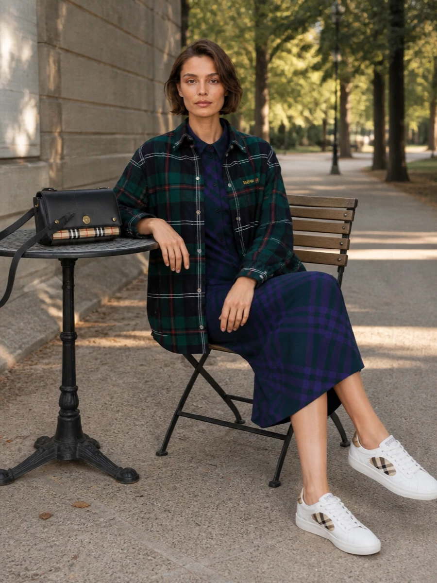 Burberry check shirt jacket teal midi dress