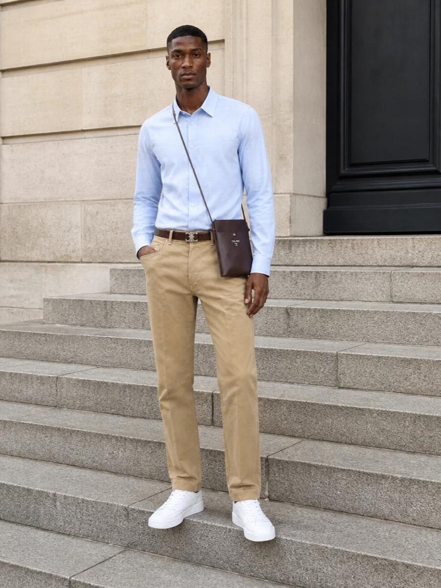 Celine blue shirt sand jeans white sneakers