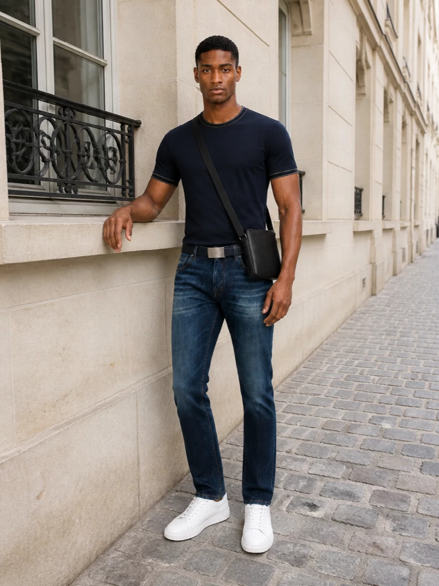 Ink-wash denim and a deep navy tipped tee keep the outfit clean, easy and tightly edited in tone. White leather sneakers break the darkness just enough, while a slim leather crossbody and navy belt add quiet structure. The result is relaxed Italian casual, precise enough for city days yet unfussy for weekends.