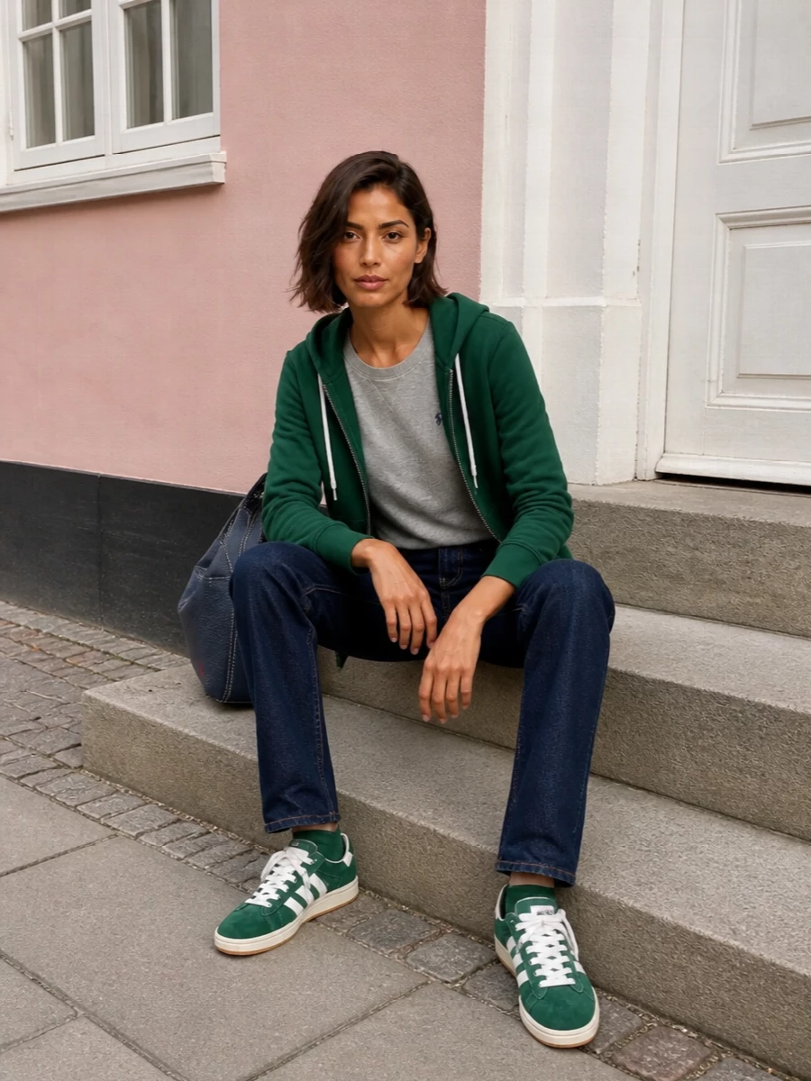 Polo hoodie dark jeans adidas campus sneakers