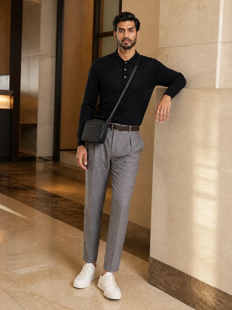 Brunello cucinelli black polo grey trousers outfit