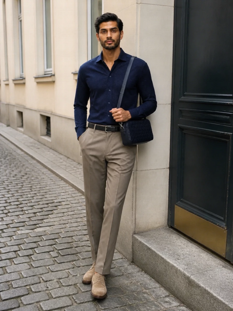 Ink navy shirt taupe pleated trousers outfit